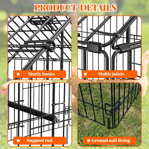 Heavy Duty Metal Chicken Run And Coop System With 86 Inch Or 130 Inch Lengths Portable Outdoor Cage With Four Doors Waterproof And UV Resistant Cover Large Multi Pet Enclosure For Chickens Ducks Rabbits In Backyard Farm, close-up of hooks, joints, support rod, ground nail fixing.