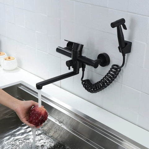 Wall Mount Kitchen Faucet In Matte Black With Side Sprayer, Heavy Duty Stainless Steel Commercial Mixer Tap over a sink, hand washing apple
