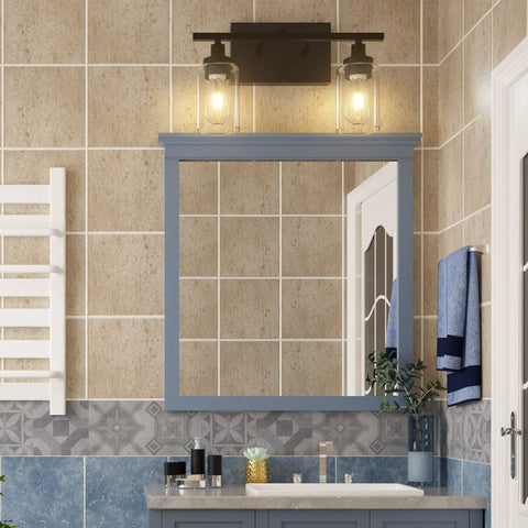 2 Light Black Industrial Bathroom Vanity Light Over Mirror Wall Sconce With Clear Glass Shades in stylish bathroom setting