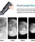 8-24mm Zoom Eyepiece For Telescope 1.25 Inch showing focal length range with different lunar magnifications, from 8mm to 24mm.
