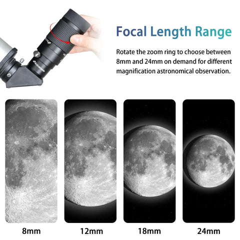 8-24mm Zoom Eyepiece For Telescope 1.25 Inch showing focal length range with different lunar magnifications, from 8mm to 24mm.