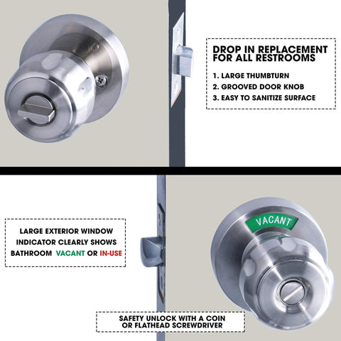 Privacy Door Knob Lock With Large Indicator Window, Thumb Turn, ANSI Grade 2 for Office and Airbnb Restrooms, side view.