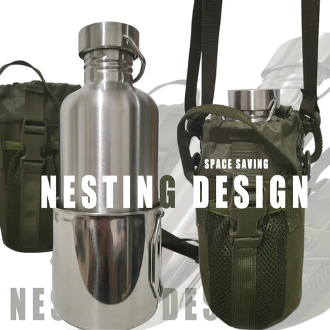 Survival Ready 3-In-1 42oz Water Bottle With 24oz Nesting Cup And Carry Bag 18-8 Stainless Steel Wide Mouth Outdoor Canteen