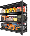 Heavy Duty Steel Garage Shelving Unit With 47.2 Inch Wide 15.7 Inch Deep 71.6 Inch High Black Finish Built Tough For Garage Storage Sturdy All Steel Shelves Storage Rust Resistant Powder Coat Easy Organization. Front view with tools and cans