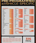 Pre-programmed TPMS sensor compatibility chart for GM trucks, SUVs, and various models listed by year.