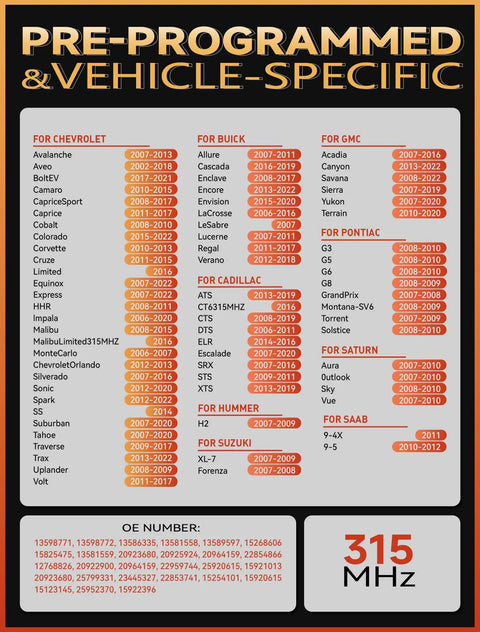 Pre-programmed TPMS sensor compatibility chart for GM trucks, SUVs, and various models listed by year.