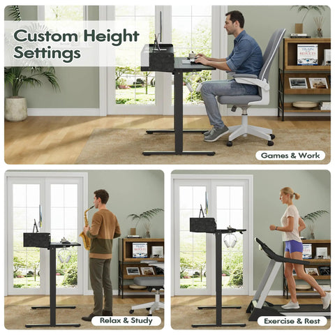 Electric Standing Desk With Two Drawers And Monitor Shelf Adjustable Height Sit Stand Desk With Splice Board Quick Install For Home Office Black 48 Inch Easy Setup Game Changing Organization For Your Workspace shown in various height settings; seated, standing, walking.