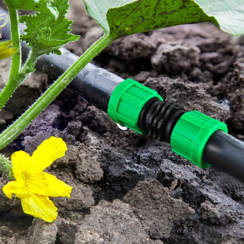 Front view of green plastic 5/8-inch drip irrigation coupling on black tubing installed in soil