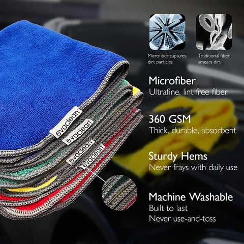 Stack of Premium Microfiber Cleaning Towels 16x16 12 Pack Yellow Reusable with highlighted features like 360 GSM thickness and sturdy hems.