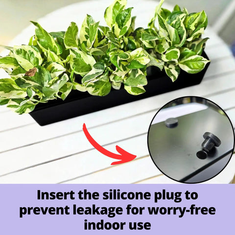 Top Shelf 16 Inch Black Metal Railing Planters Two Pack Rectangular Hanging Flower Boxes with silicone plug for indoor use.