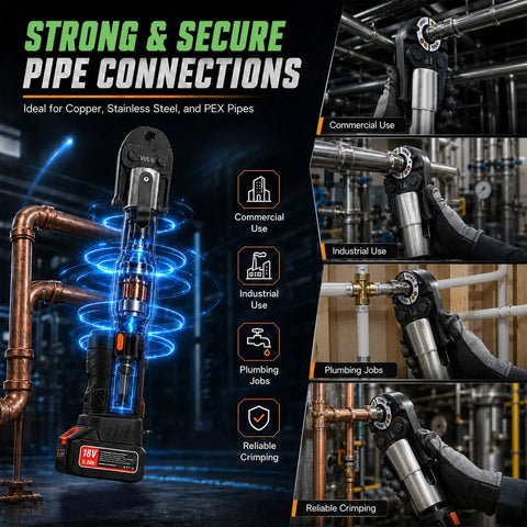 18V Cordless Brushless Electric Pressure Tool 60KN for secure pipe connections on copper and steel in commercial plumbing.