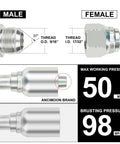 3/8 JIC hydraulic fittings kit male and female threads, ANCIMOON brand, max working pressure 50 MPA, bursting pressure 98 MPA.