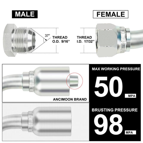 3/8 JIC hydraulic fittings kit male and female threads, ANCIMOON brand, max working pressure 50 MPA, bursting pressure 98 MPA.