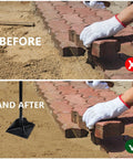 Before and after using 48 Inch Steel Tamper with Long Handle 8 by 8 Inch for leveling pavers, showing improved alignment.
