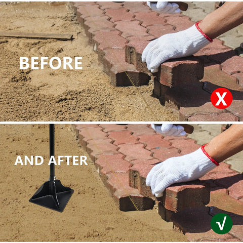Before and after using 48 Inch Steel Tamper with Long Handle 8 by 8 Inch for leveling pavers, showing improved alignment.
