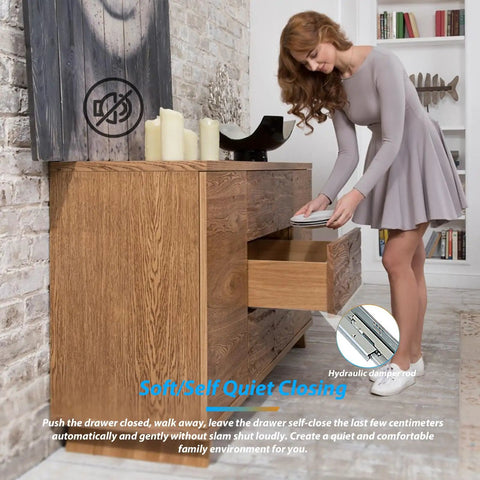 Woman using Undermount Soft Close Drawer Slides Full Extension Ball Bearing Runners Bottom Mounted with 77 lb load capacity
