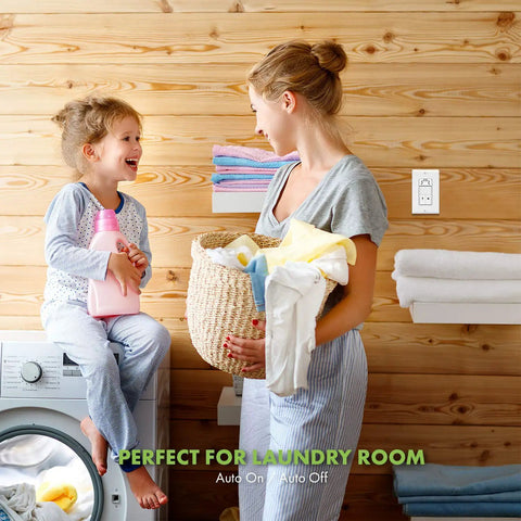 Mother and child in laundry room with Dual Tech Humidity Sensor Switch With PIR Motion For Hands-Free Bathroom Ventilation And Light Control, Auto Fan And Light, Adjustable Timer, Neutral Wire Required, UL Listed, Easy Install on wall
