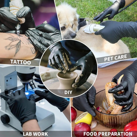 Heavy Duty 3.5 Mil Nitrile Disposable Gloves In Bold Black used in tattoo, pet care, DIY, lab work, and food preparation tasks.