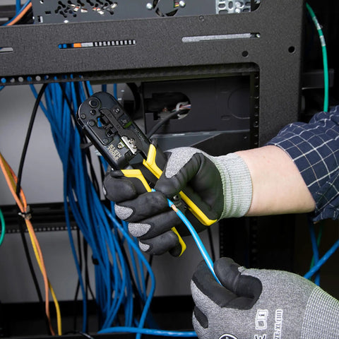 Ratcheting Go-To Modular Crimping And Wire Stripping Tool For RJ22 RJ11 RJ12 RJ45 Connectors being used on network cables