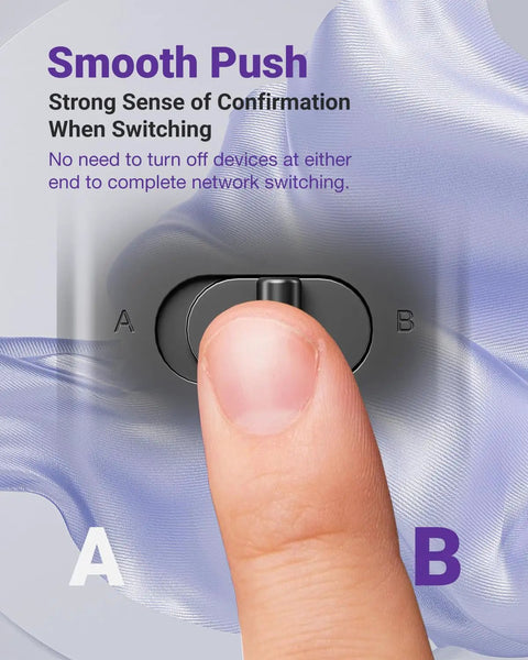 Close-up of finger using Two Port RJ45 Ethernet Switch And Passive Selector For Dual In One Out with slide switch.