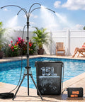 Outdoor Patio Mister System With Four-Gallon Water Bucket And Pump, Eight Spray Modes, by a poolside with greenery.
