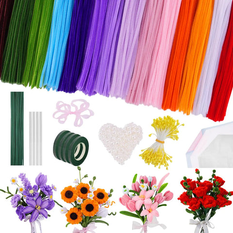 900 Piece Pipe Cleaners Craft Kit With 14 Colors, Floral Stems, glue sticks, tape, stamens, pearls, for DIY flower projects