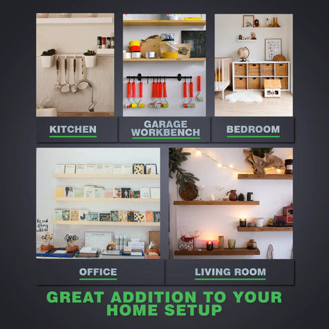 Home setup with two-foot aluminum floating shelf brackets showcasing usage in kitchen, garage workbench, bedroom, office, and living room.