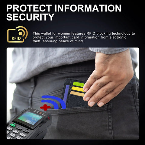 Person placing Ultra Slim Front Pocket Leather Wallet For Men And Women With RFID Blocking Tech into back pocket, RFID blocked.