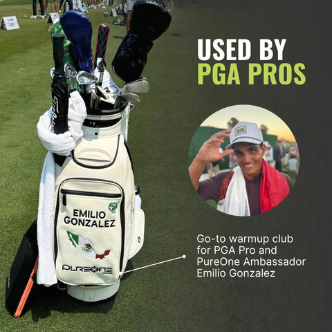 Golf bag with clubs on course, used by PGA Pro Emilio Gonzalez, promoting Right Handed Golf Training Club With Small Head And Molded Grip.