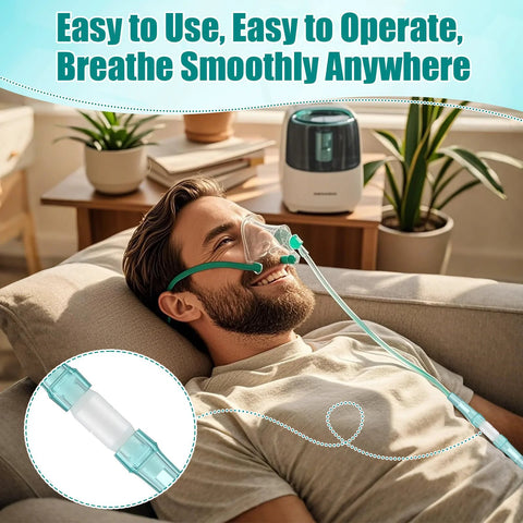 Geiserailie 10-pack oxygen tubing swivel connectors, teal translucent; man wearing oxygen mask at home