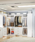 Top Notch White Closet Storage System Featuring Six Sturdy Wood Drawers Six Hanging Rods Corner Tower Shelf And Open Bottom Shoe Bin in stylish organized closet.