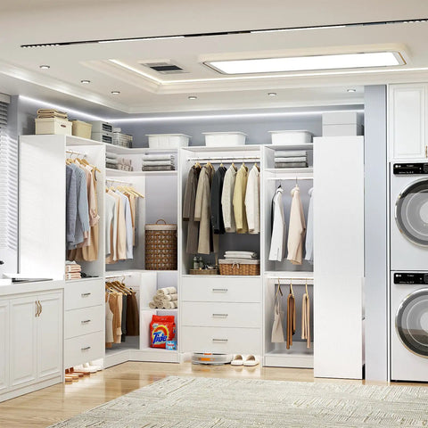 Top Notch White Closet Storage System Featuring Six Sturdy Wood Drawers Six Hanging Rods Corner Tower Shelf And Open Bottom Shoe Bin in stylish organized closet.