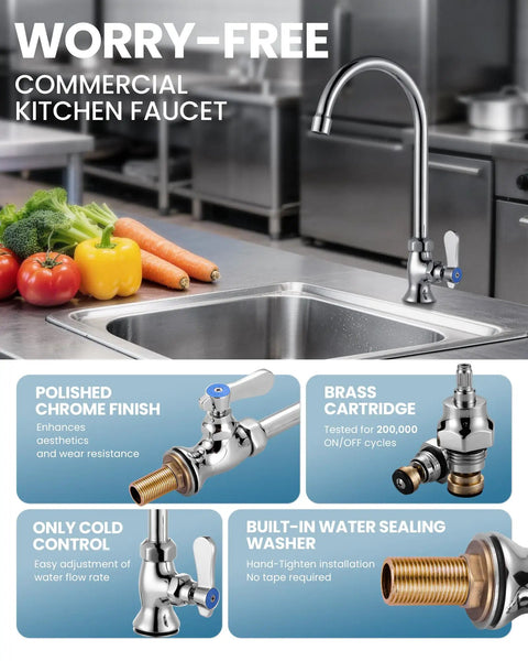 Heavy Duty Single Hole Cold Water Faucet Crafted From Solid Brass With A Shiny Chrome Finish, deck mounted with a rotating spout.