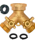 Morvat brass 2-way hose splitter with ON/OFF valves; front view, dual outlets, includes two washers and thread tape.