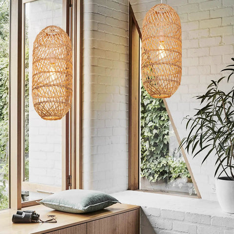 Boho Chic Natural Rattan Pendant Light With Woven Shade hanging by window in modern space, Diameter 9.8 In, Height 23.2 In
