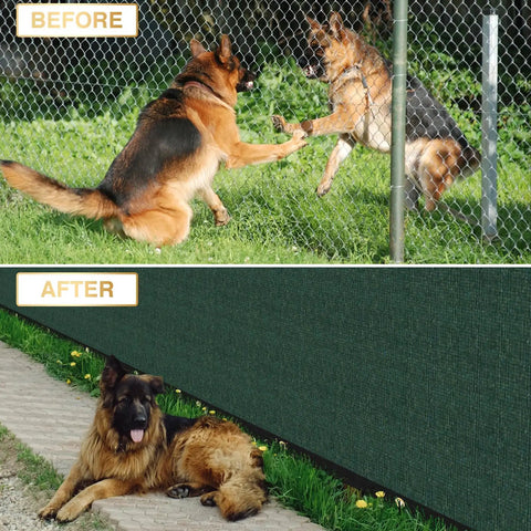 Before and after of chain link fence installation with Privacy Fence Screen 6 Foot By 20 Foot Dope Windscreen Mesh for Outdoor Garden.
