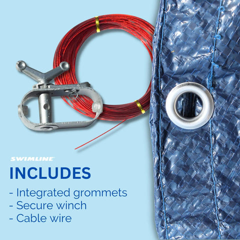 Winter Pool Cover For 24 Ft Round Above Ground Pools Heavy Duty All Weather Debris Shield showing grommet, winch, and cable wire
