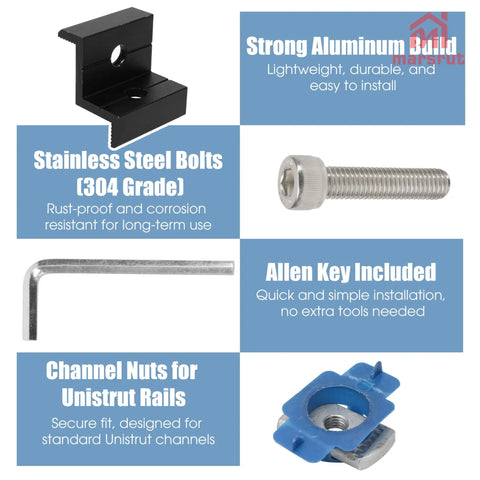 10 Piece Tough As Nails Solar Panel Clamps Black Aluminum End Brackets For 30 Millimeter Unistrut Rails kit parts with strong aluminum build, bolts, and nuts.