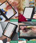 5X Rechargeable Floor Magnifying Glass With Light And Stand 43 LED shown in use for cross-stitching, reading, phone, and diamond painting.