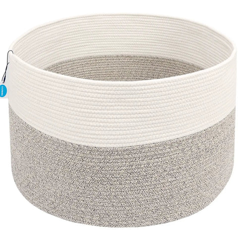 XXXL Cotton Rope Storage Basket With Handles For Blankets Towels And Pillows, Jumbo Woven Laundry Hamper, White And Brown, 22 By 22 By 14 Inches