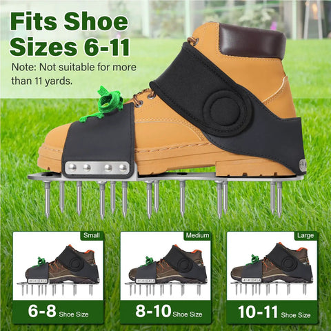 Durable Lawn Aerator Shoes With 3mm Metal Base And Bend Resistant Spikes fits shoe sizes 6-11 shown on tan boot.