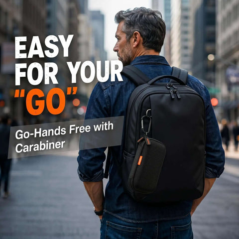 Compact Hard Shell Zipper Case For Portable Electronics Featuring Secure Lockdown Storage And Sleek Exterior designed for easy attachment to a backpack.