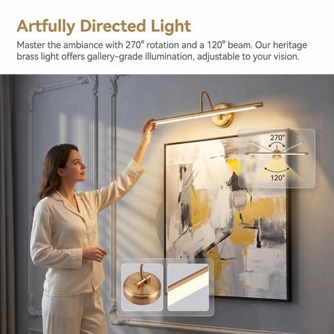 Brass Finish 24.4 Inch Hard Wired Led Picture Light With Swing Arm Wall Mount For Paintings Slim 14W Warm White 3000K Display Sconce 90 Degree Swivel Elegant Wall Lighting For Hallways And Galleries
