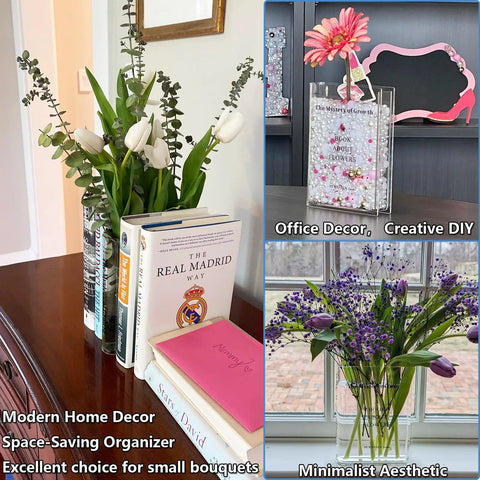 Clear Book Vase Acrylic Flower Holder And Space Saving Desk Decor For Bookshelf Modern Minimalist Home Office Organizer Floral Display
