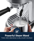 Barista Worthy Home Espresso Machine With Milk Frother, 15 Bar Pump, Temperature Control, Italian Stainless Steel, close-up of milk frothing