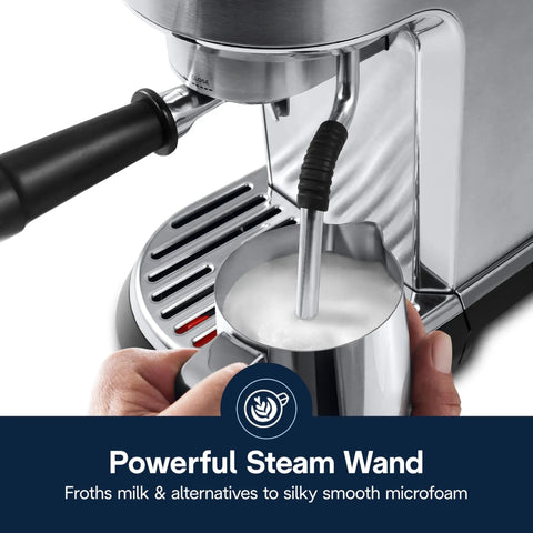 Barista Worthy Home Espresso Machine With Milk Frother, 15 Bar Pump, Temperature Control, Italian Stainless Steel, close-up of milk frothing