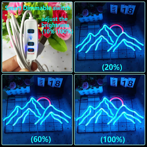 Smart dimmable switch and mountain neon sign with adjustable brightness, showcasing 0-100% settings for versatile wall decor.