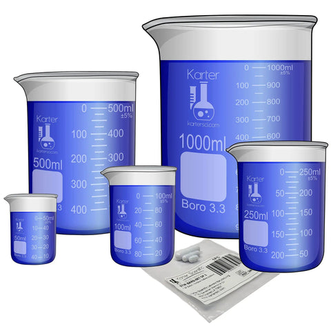 Low Form Beaker Set With Magnetic Stir Bars In Five Sizes 50 mL 100 mL 250 mL 500 mL And 1000 mL For Easy Lab Mixing 3.3 Borosilicate Glass