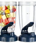 Two clear blender cups, one filled with fruit, from Top Notch Eight Piece Blender Replacement Blade Kit For 600W And 900W High Speed Blenders