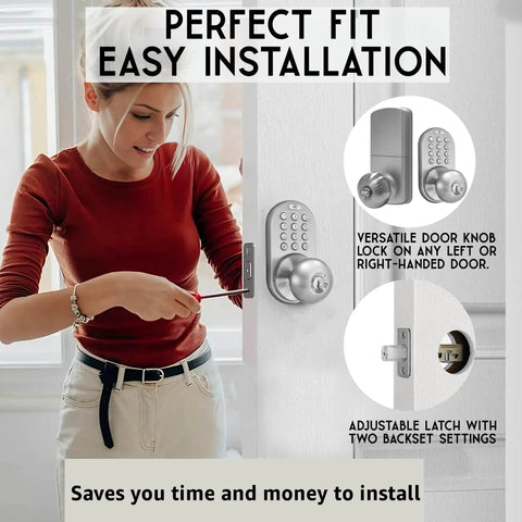 Woman installing TKK Digital Door Knob Lock With Electronic Keypad Satin Nickel Finish on door, showing keyless entry ease